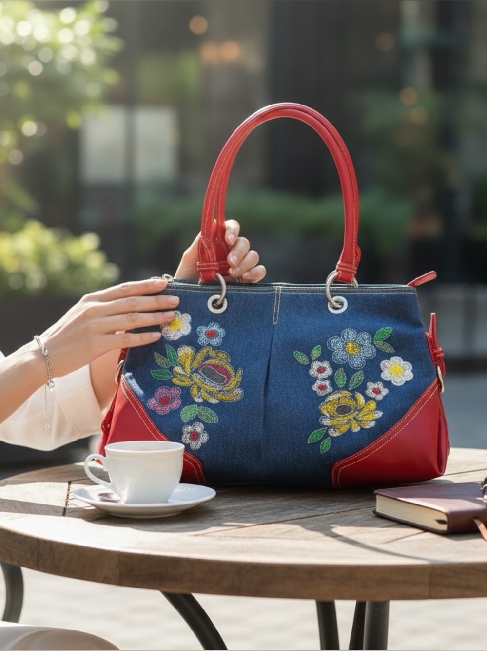 Oilily Denim Leather Shoulder Bag Floral Embroidered  Sequin Whimsy Y2K Vintage